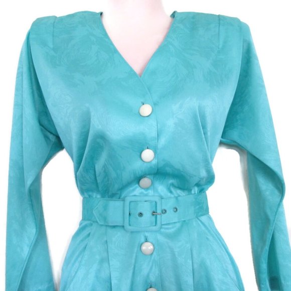 1980s vintage blue green midi belt dress size extra small xs - Picture 3 of 6